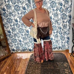 Boho Wide-Leg Velvet Patchwork Pants - Mauve Brown